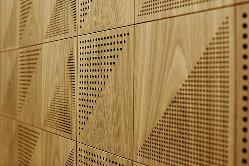 Details from the wood work in the four acoustic spaces. The detailing of the veneer interacts with each group of musical instruments to create the optimal soundscape. Sonorous Museum by ADEPT