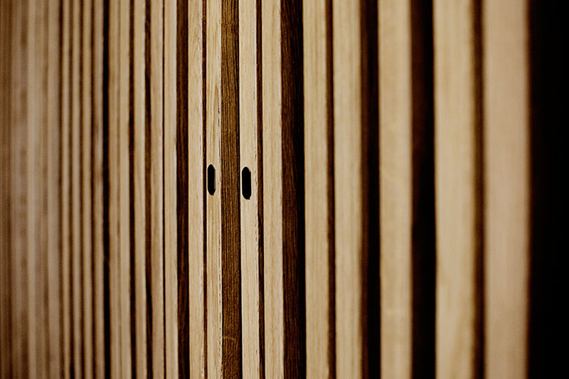 Details from the wood work in the four acoustic spaces. The detailing of the veneer interacts with each group of musical instruments to create the optimal soundscape. Sonorous Museum by ADEPT