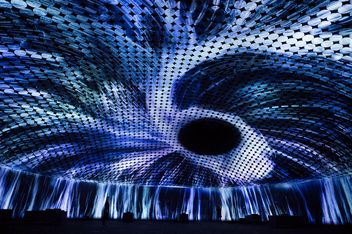 Main Vortex of Light Particles - teamLAB exhibition at Amos Rex Museum in Helsinki